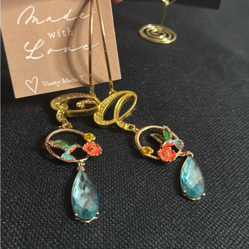 Gold and Blue Floral Drop Earrings by Viesty Maria T